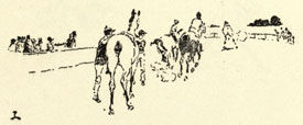 Drawing of horses running down the track