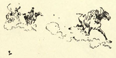 Drawing of the lead horse pulling away from the pack