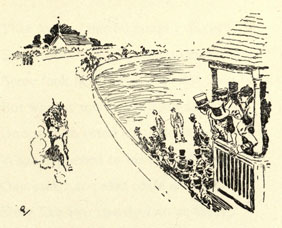 Drawing of the horse coming to the grandstands with the pack far behind