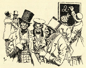 Drawing of a group of men comparing watches
