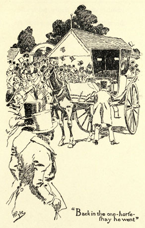 Drawing of the horse being hitched to the chaise, surrounded by the race track crowd