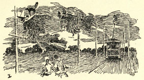 Drawing of a streetcar with witches on broomsticks flying in the sky above it