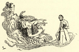 Drawing of a man facing a group of witch ghosts