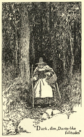 Drawing of a hag walking down a dark forest path