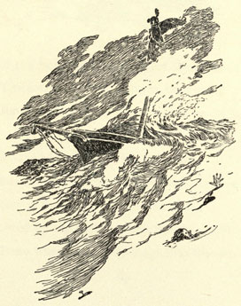Drawing of a ship being swamped at by waves