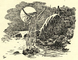 Drawing of a ghostly woman standing on a rock in water near the edge of the sea