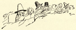 Drawing of the arms and heads of a group of witches reaching out their arms