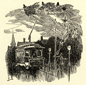 Drawing of a group of witches with their broomsticks flying over a streetcar