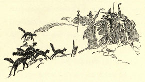 Drawing of a group of black witch's cats running to the witches