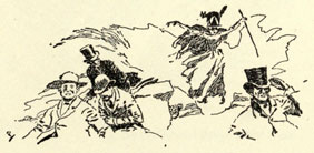 Drawing of four men running away from a witch