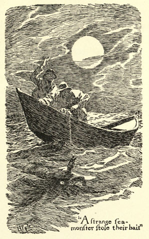 Drawing of two men in a small boat with a strange creature on their line in the water