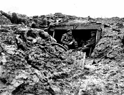 OUR DUG-OUTS IN THE FRONT LINE AT PICANTIN IN WHICH WE LIVED,
FOUGHT, AND MANY DIED DURING 1914-15, BEFORE THE DAYS OF TIN HATS
