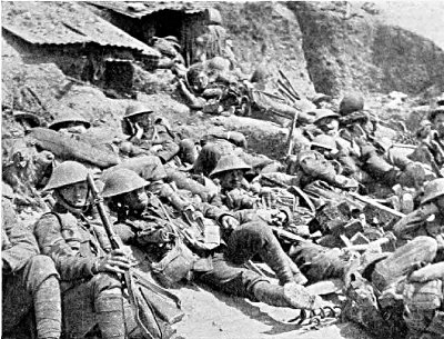 FAGGED OUT IN THE "WHITE CITY" AFTER WE RETIRED TO OUR
TRENCHES, JULY 1ST, 1916. SOME OF THE INCOMPARABLE 29TH
DIVISION