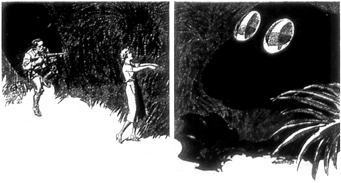 A woman zombie-walks towards a large shadowy figure with huge shining eyes.