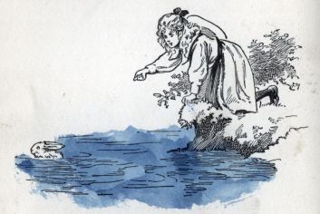 Drusie kneeling on bank of stream