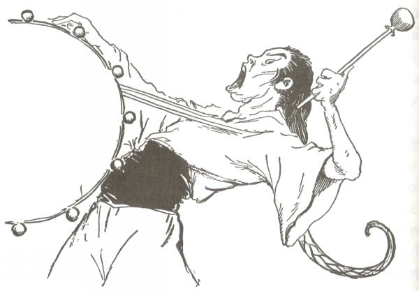 A great drum hung around his neck
