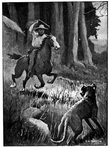 man on horseback waving whip at wolfhound
