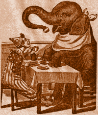 Elephant and Clown having Tea.