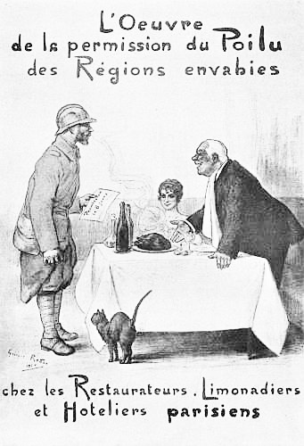 A poster inviting the proprietors of restaurants and
hotels and their guests to welcome the soldiers who have permission to
visit Paris, especially those who come from the districts invaded by
the Germans.