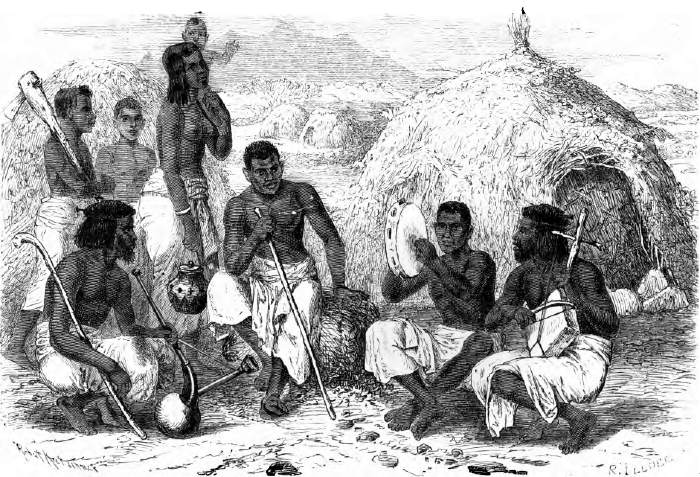 Eingeborene von Mensa vor ihren Hütten. Originalzeichnung von Robert Kretschmer.