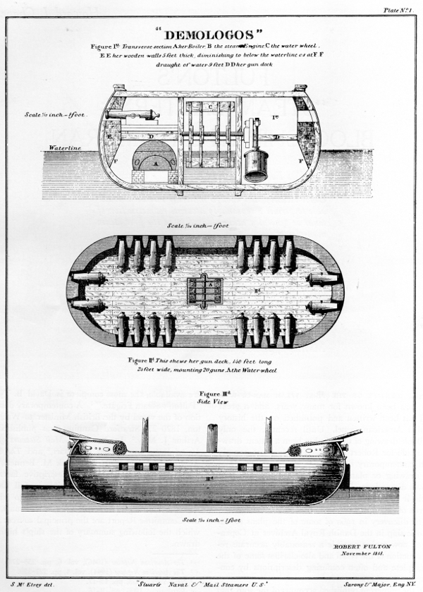 Plate No. 1. ‘DEMOLOGOS’
Figure 1st. Transverse section A her Boiler. B the steam Engine. C the water wheel.
E E her wooden walls 5 feet thick, diminishing to below the waterline as at F.F draught of water 9 feet D D her gun deck
Scale 1/12 inch=1 foot
Waterline Scale
1/24 inch=1 foot
Figure IId This shews her gun deck, 140 feet long 24 feet wide, mounting 20 guns. A the Water wheel
Figure IIId Side View
Scale 1/24 inch=1 foot
ROBERT FULTON November 1813.
S Mc Elroy del. "Stuart's Naval & Mail Steamers U.S." Sarony & Major. Eng. N.Y.