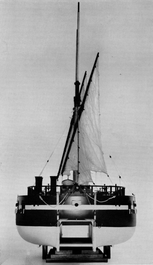 Figure 3.—Scale model of Steam Battery, showing double hull, in the Museum of History and Technology. (Smithsonian photo P-63390-D.)