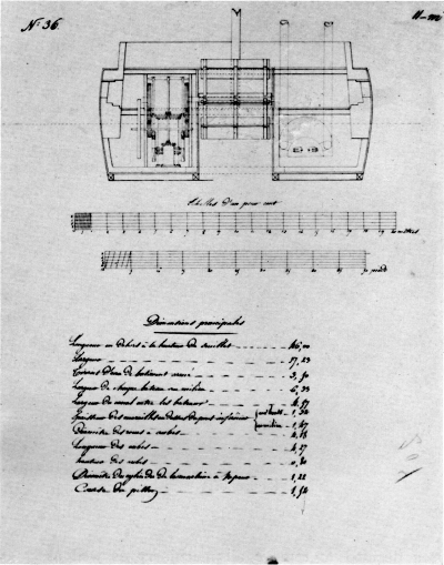 Figure 6.—French sketch, in Rigsarkivet, Copenhagen, of
inboard profile and arrangement of Fulton's Steam Battery, showing
details of the Fulton engine, probably taken from one of his preliminary
designs.