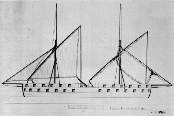 Figure 8.—Danish copy of original sail plan of Robert
Fulton's Steam Battery, dated September 12, 1817, in Rigsarkivet,
Copenhagen.