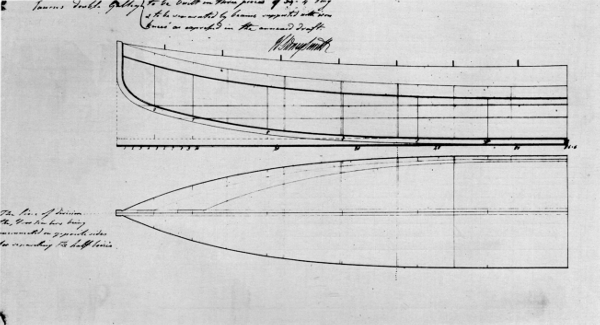 Figure 12.—General plan of the Taurus, a catamaran
galley gunboat proposed by Sir Sidney Smith, R.N., to the British
Admiralty in the early years of the French Revolution. From the
Admiralty Collection of Draughts, National Maritime Museum, Greenwich.