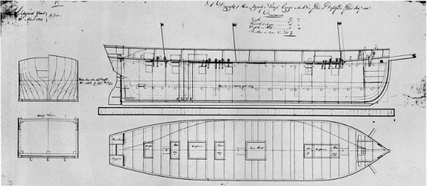 Figure 20.—Lines of steamer Congo, built in 1815-1816
for the British Admiralty and converted to a sailing survey vessel. From
Admiralty Collection of Draughts, National Maritime Museum, Greenwich.