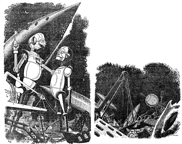 A dyptic of 2 robots in a spaceship junk yard.