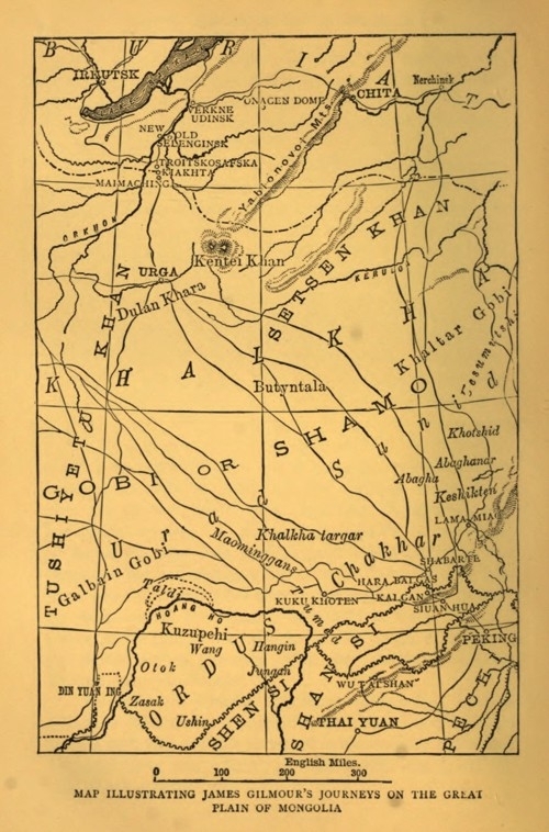 Map illustrating James Gilmour's journeys on the Great Plain of Mongolia