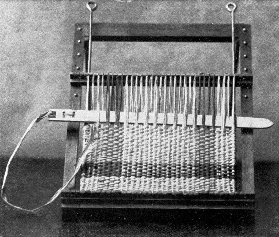 Method of weaving a raffia mat on the loom, showing
colored stripes