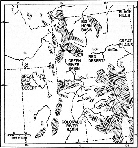 Fig. 2. Map showing the major barriers to Microtus montanus in Wyoming
and Colorado; the barriers are the low areas named on the map (the name
"Black Hills" is on the map for another reason; these hills are not a barrier).
The major mountainous areas higher than approximately 8000 feet in elevation
in Wyoming, Colorado and Utah are stippled. These mountainous areas
include the habitat that is most suitable for the montane meadow mouse. The
Black Hills are unoccupied by this species but these hills seem to be ecologically
suitable for the species.