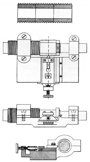 Figure 19.—Vander Woerd’s patent, seen here, covered the
combination of a master screw, toolslide and work in a rigid frame to be
supported and driven by outside means of no required precision. U.S.
patent 293930 dated February 1884.
