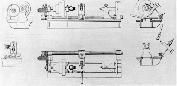 Figure 18.—Nason’s lathe, patented in 1854, showing a
master lead screw driven at less than work speed so that the master
could be of a coarser and more durable pitch than the work. U.S. patent
10383.