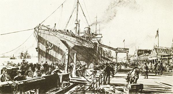 TROOP TRANSPORTS DISEMBARKING AT THE LANDING-STAGE, LIVERPOOL