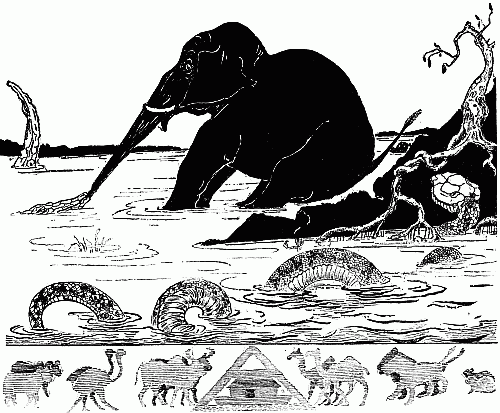 This is the Elephant's Child having his nose pulled by the Crocodile.