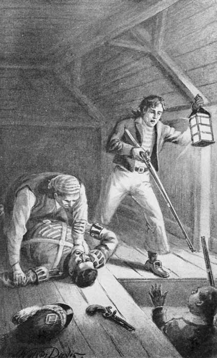 With the lantern in my left hand, I thrust forward the barrel of
my musket full in the face of the miller. Page 72.