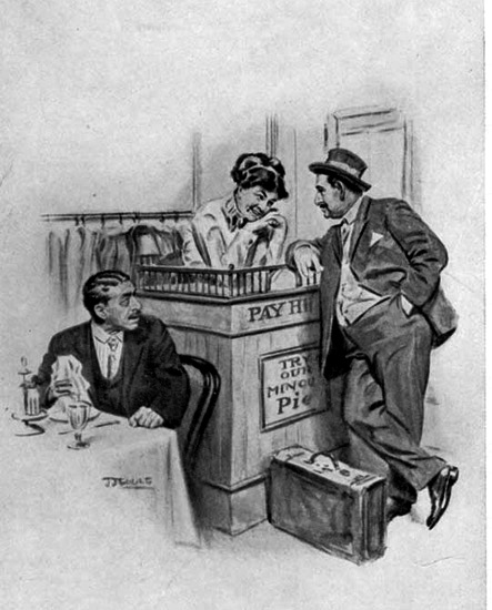 A man talkng to a woman who is sitting behind a desk. A man sitting at a table is looking at them.