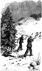 Nucky lying unconscious on the ground underneath some fir trees. Rich and Blant stand with their weapons aimed at a group of Cheevers running away.