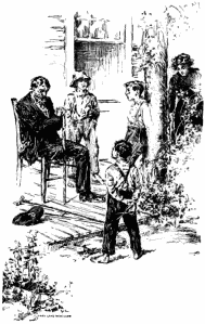 One-legged man is sitting in a chair on the porch with his back to the house. He is holding a cane in his hands and looking toward the floor. A hat and a crutch are lying on the ground to his right. Nucky Mars is standing beside him on the left, with his hands in the pockets and looking at Geordie and Philip. Geordie and Phillip, one of them holding scissors behind the back and the other leaning against a tree, stare agape at the man. Miss Cecilia Loring on the side working on the roses. In the background there are two open windows.