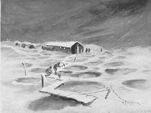 HUT IN WILDERNESS OF DESTRUCTION. CUTTING THE ICE IN SHELL-HOLES FOR WATER FOR TEA—WINTER, 1916-17