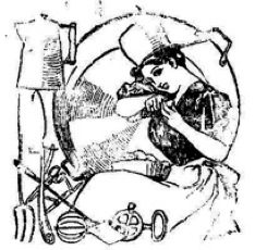 Drawing of a woman surrounded by cooking utensils