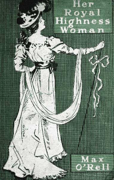 Drawing of an woman dressed in a long ress, wearing a fancy hat, and holding a staff tied with a ribbon
