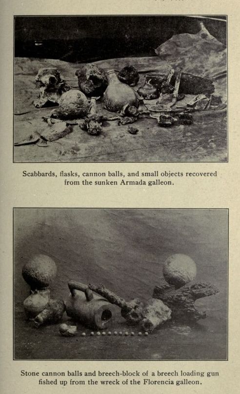 Scabbards, flasks, cannon balls, and small objects recovered from the sunken Armada galleon.