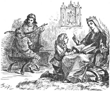 Alfred kneels beside his mother as she reads from a book