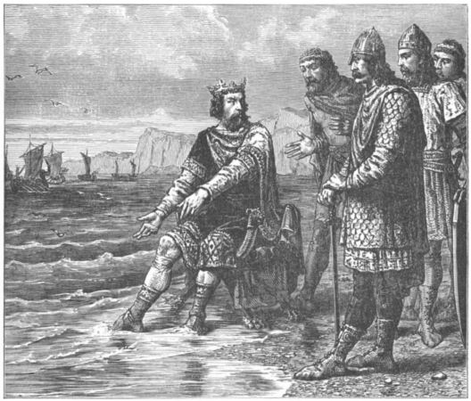 Canute sits on his throne at the edge of the waves