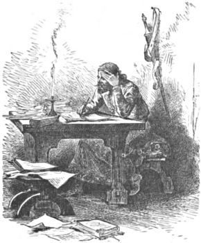 A man works on his papers by candlelight