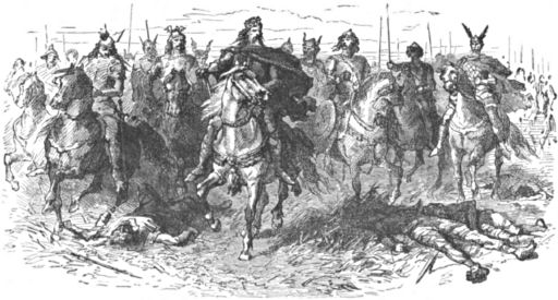 Charlemagne and his knights riding across a battlefield